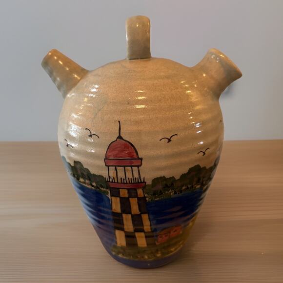 Lighthouse Pottery Pitcher WCL Nautical Jug Hand Painted Art Pottery Preowned - Picture 1 of 5
